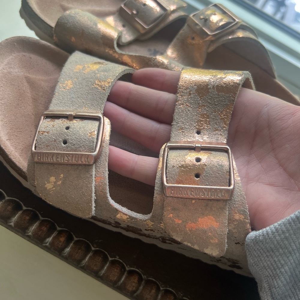 Birkenstock Rose Gold Sandals with Metallic Buckles